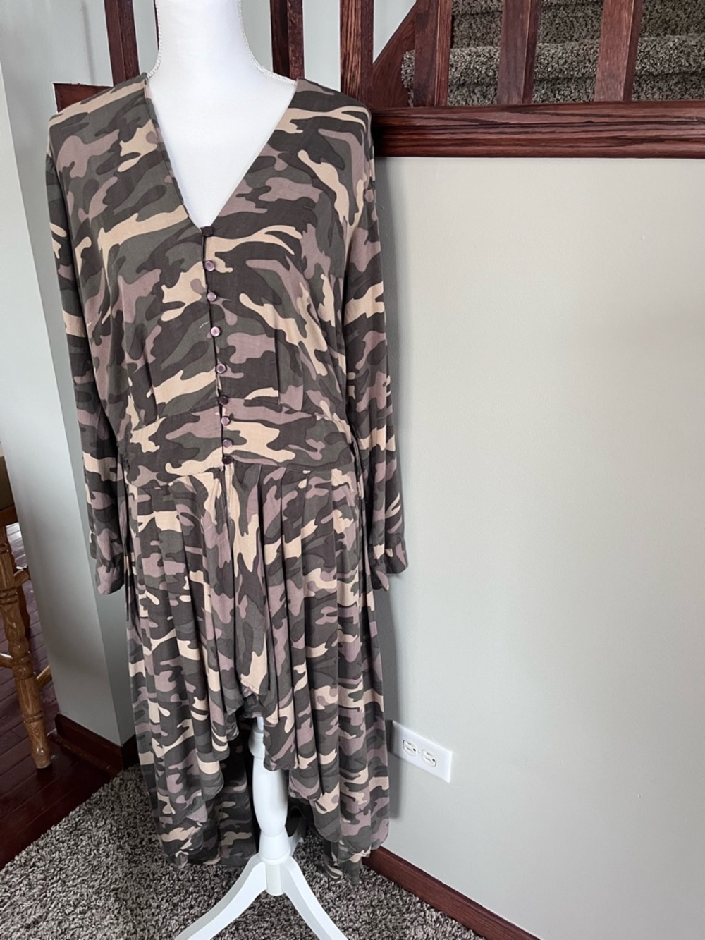 Camo Print High Low Button Down V-Neck Long Sleeve‎ Midi Dress Green Brown